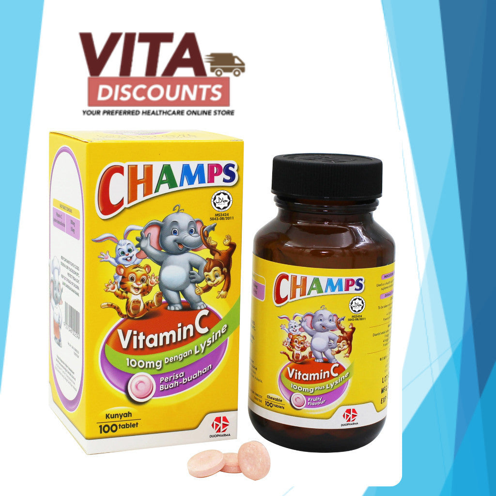 Champs Vitamin C 100mg Plus Lysine Tabs Fruity Flavour (100's) Pack-Of-1/2 [Exp 12/2027]