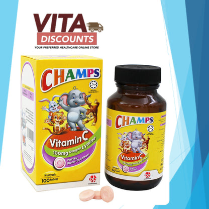 Champs Vitamin C 100mg Plus Lysine Tabs Fruity Flavour (100's) Pack-Of-1/2 [Exp 12/2027]