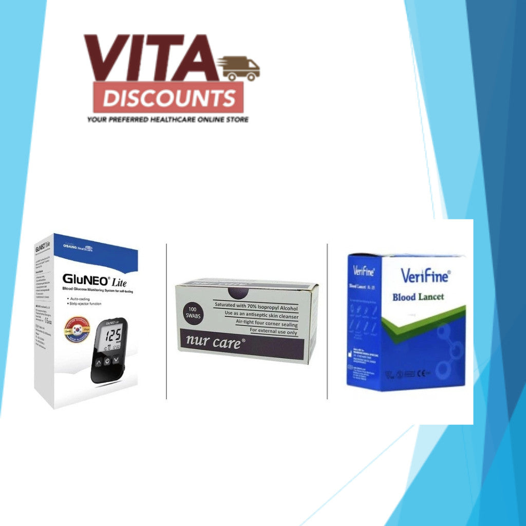GLUNEO LITE BLOOD GLUCOSE MS + NUR CARE ALCOHOL SWAB 70% USP GRADE I ALCOHOL 100S + VERIFINE BLOOD LANCET 30G 100S