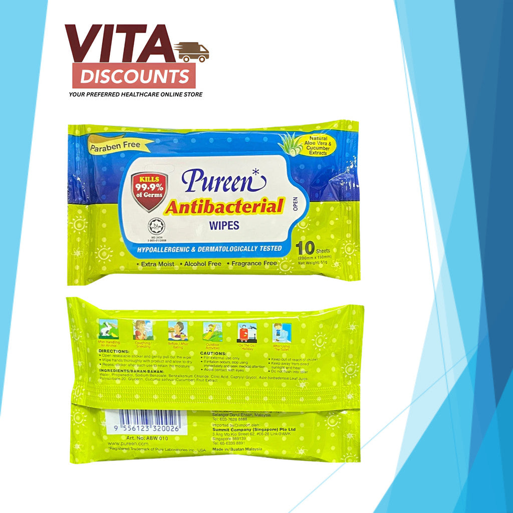 Pureen Antibacterial Wipes Small Pack (200 x 150mm x 10's)