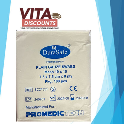 Durasafe Plain Gauze Swabs (5 x 5cm/7.5 x 7.5cm/10 x 10cm x 100's) [Exp 08/2029]