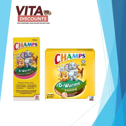 Champs D-Worms 200mg - Suspension (10ml)/Tabs (2's) [Exp 02/2028]