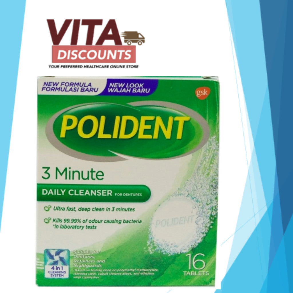 Polident Daily Cleanser For Dentures Tabs 3 Minute Small Pack (16's)