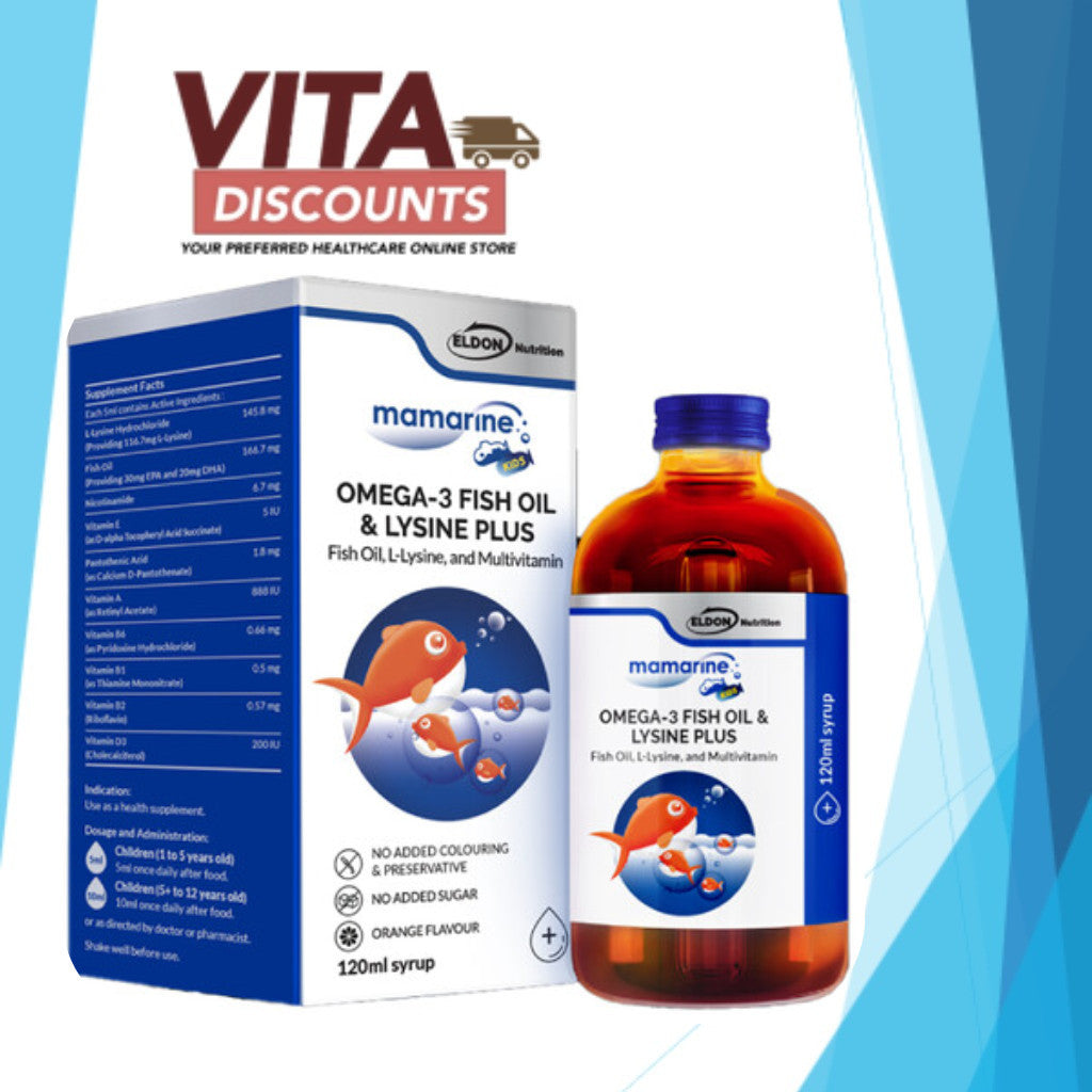 Eldon Nutrition Mamarine Kids Omega-3 Fish Oil & Lysine Plus Syrup (120ml) [Exp 05/2027]  [Extra 2 Gift]