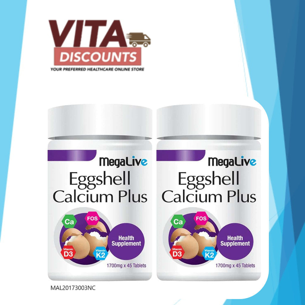 Megalive Eggshell Calcium Plus Tabs (45's) Pack-Of-2 [Exp 04/2027]  [Extra 2 Gift]