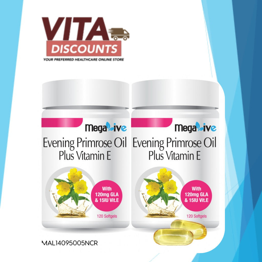 Megalive Evening Primrose Oil+Vit E Caps (120's) Pack-Of-2 [Exp 01/2028]  [Extra 2 Gift]