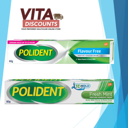 Polident Denture Adhesive Cream Fresh Mint/Flavour Free (60g) [Exp 09/2027]