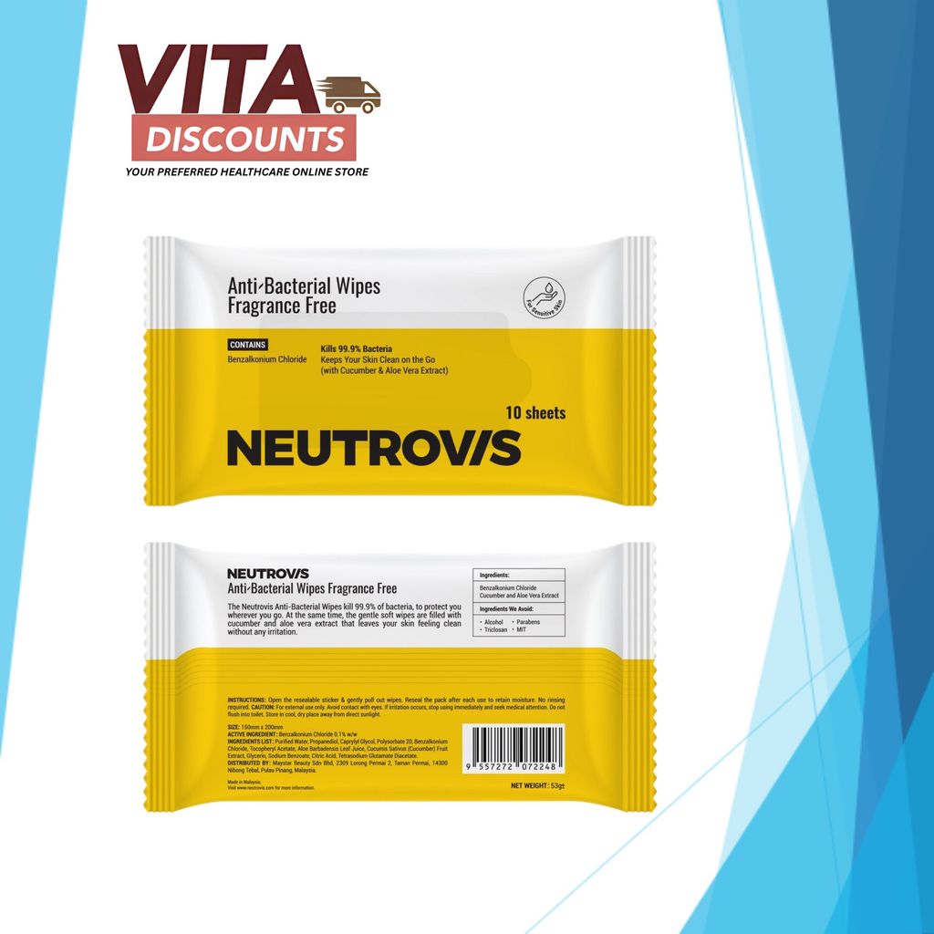Neutrovis Alcohol Anti-Bacterial Wipes Fragrance Free Sheets (10's)