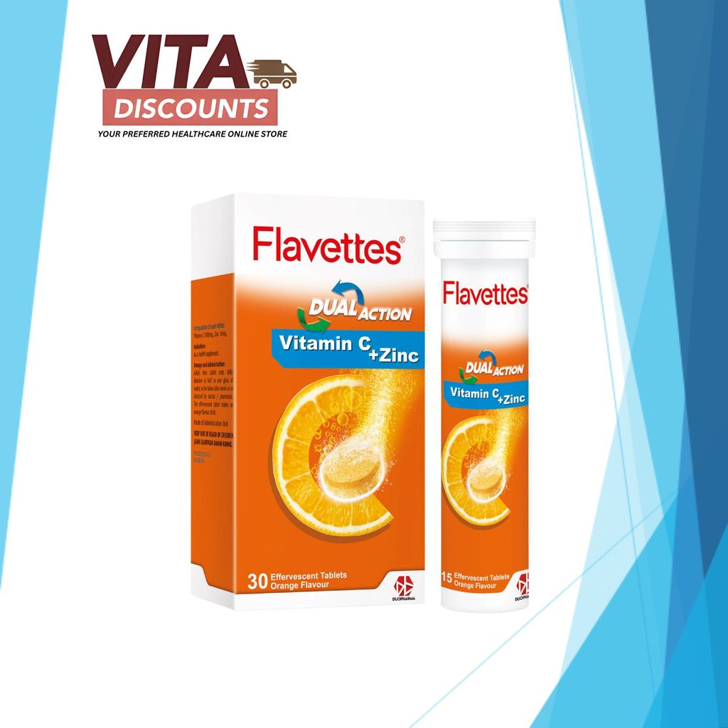 Flavettes Dual Action Vitamin C 1000mg + Zinc Etabs Orange (15's x 1/2 Pack) [Exp 05/2027]