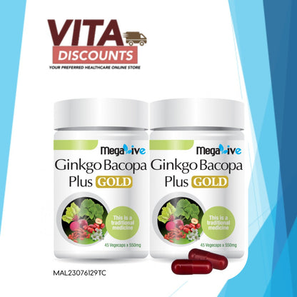 Megalive Ginkgo Bacopa Gold Vcaps (45's) Pack-Of-2 [Exp 10/2027] [Extra 2 Gift]