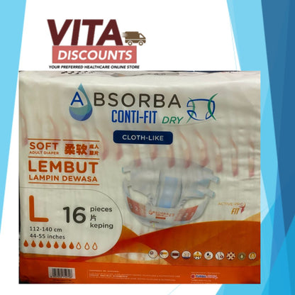 Absorba Conti-Fit Dry Cloth-Like Adult Diapers Size L (16's)