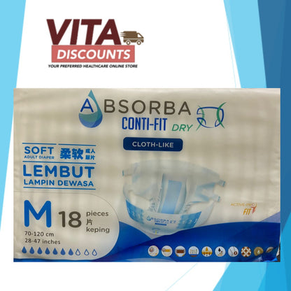 Absorba Conti-Fit Dry Cloth-Like Adult Diapers Size M (18's)