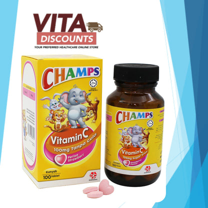 Champs Vitamin C 100mg Sugar Free Tabs Strawberry (100's x 1/2 Pack) [Exp 11/2029]