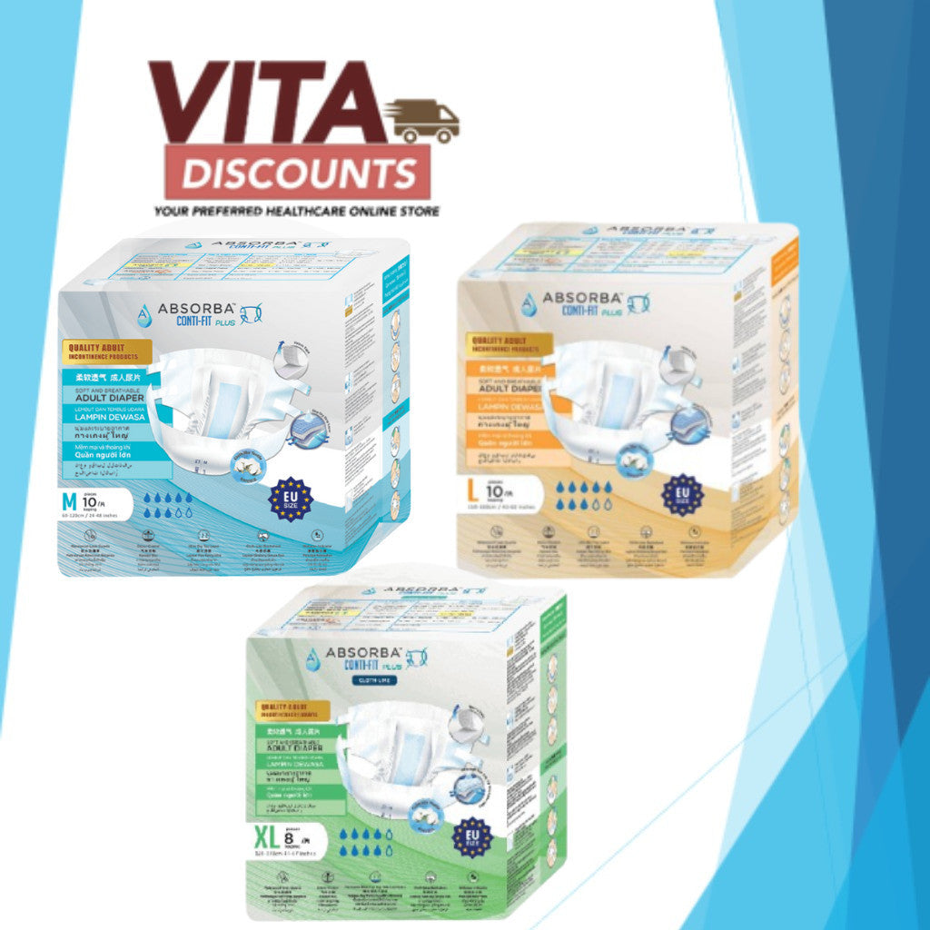 Absorba Conti-Fit Plus/Nateen Super Cloth-Air Adult Diapers - Size M/L/XL (10's/8's)