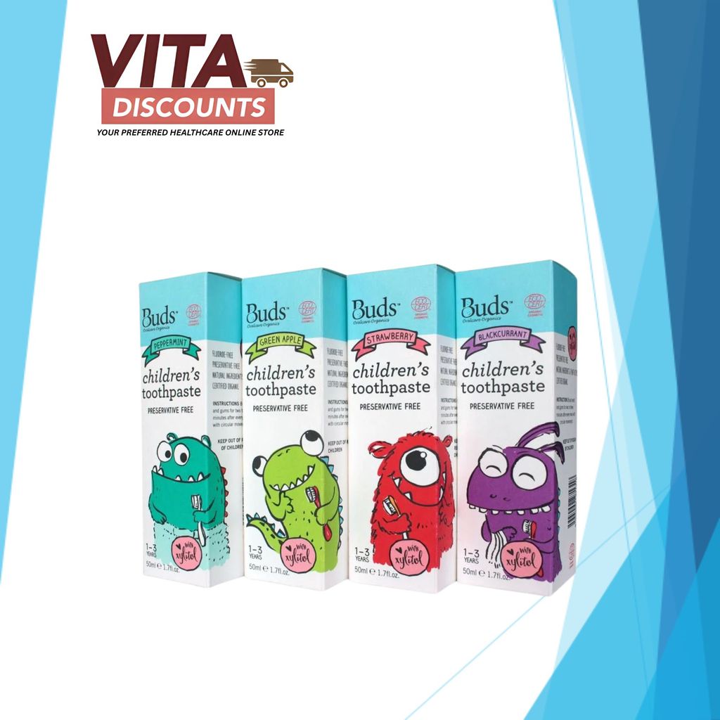 Buds Children Toothpaste - Fluoride/Xylitol Peppermint/Strawberry/Blackcurrant (50ml) [Exp 01/2028]