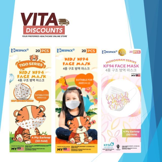Respack Kids Kf94 4-Ply Earloop 3D-Fold Face Mask - White/Tigo Series/ Monogram (20's)