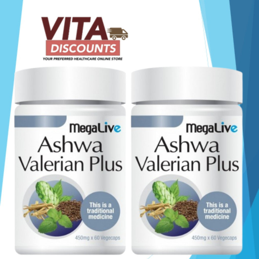 Megalive Ashwa Valerian Plus Vcaps (60's) Pack-Of-2 [Exp 05/2027]  [Extra 2 Gift]