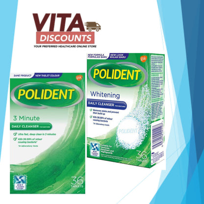 Polident Daily Cleanser For Dentures Tabs 3 Minute/Whitening Big Pack (36's) [Exp 06/2027]