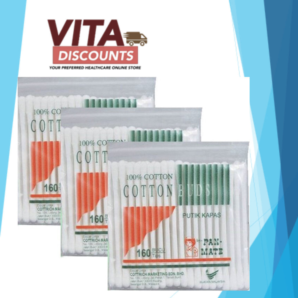 Pan-Mate 100% Pure Cotton Buds (160's x 3 Pack)