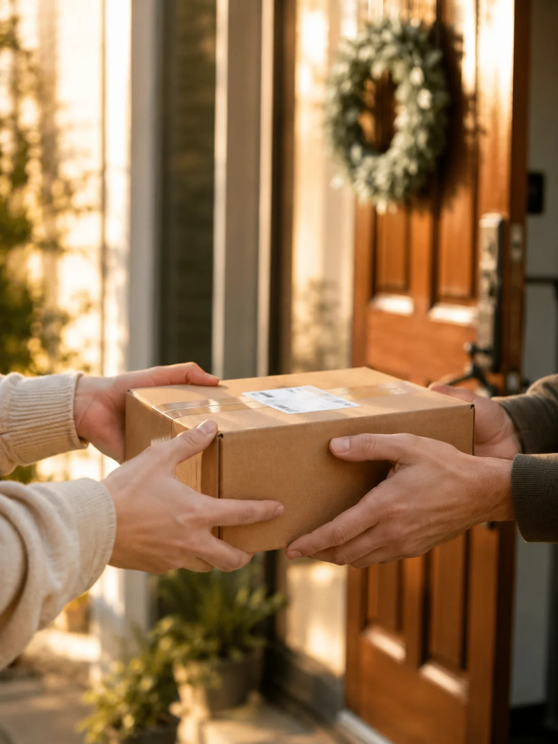 A parcel being handed to a customer at a front door